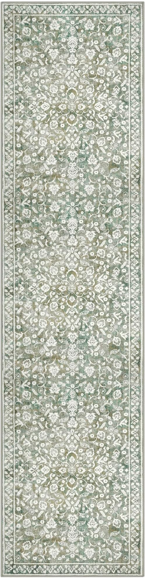Vintage Runner Rugs for Hallway 3x10, Sage Green Beige Washable Long Hallway Runner Rug Non Slip, Super Soft Kitchen Runner Rug, Print Faux Wool Floral Thin Carpet Runner for Entryway Bedroom