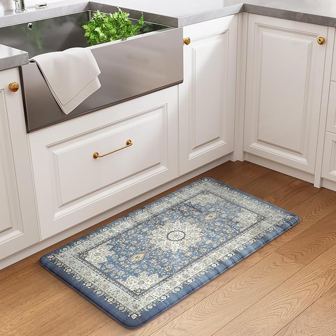 Collive Boho Blue Kitchen Mats Cushioned Anti Fatigue Mats, Non-Slip Kitchen Floor Mats, Kitchen Rugs for Sink, Laundry,Office, 17”x30” Waterproof Standing Desk Mat