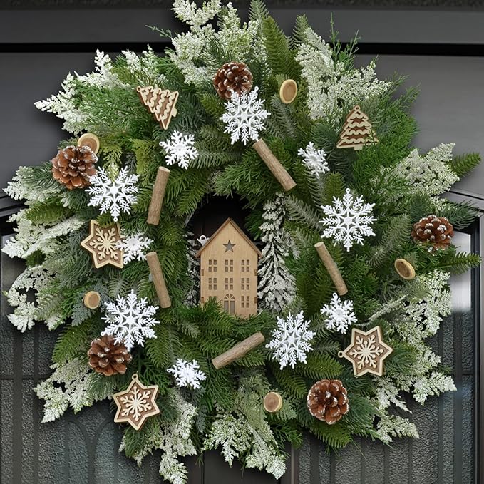 24" Winter Wreath with Wooden House Ornaments, Snowflakes, Deadwood Branches, and Pinecones—Christmas Wreaths, Indoor Outdoor Home Snow Scene Holiday Winter Door Wreath, Natural Forest Theme