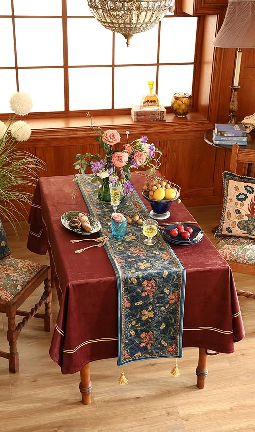 patdrea Designer Casual Wild Floral Velvet Table Runner 118 Inch Long, Dark Blue Occult Bouquets Pattern Table Mat, Decoration for Kitchen Dining Coffee Table Cabinet Banquet Thanksgiving,12"*118"