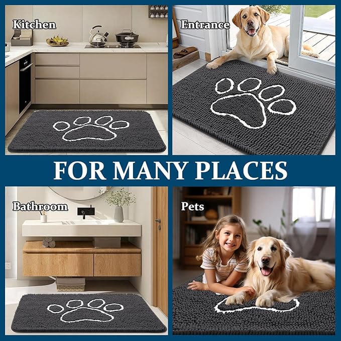 OLANLY Dog Door Mat for Muddy Paws 35x24, Paw Print Design, Absorbs Moisture and Dirt, Absorbent Non-Slip Washable Doormat, Quick Dry Chenille Mud Mat for Dogs, Entry Indoor Entryway Carpet, Dark Grey