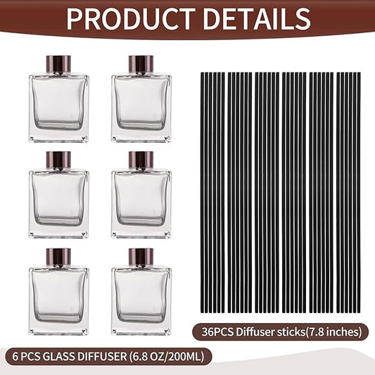 6 Pack Perfume Reed Diffuser Bottle,Empty Square Essential Oil Bottles Glass Jar with Black Sticks for DIY Fragrance Replacement Diffuser Sets (200ml/6.8 oz, Transparent Color)