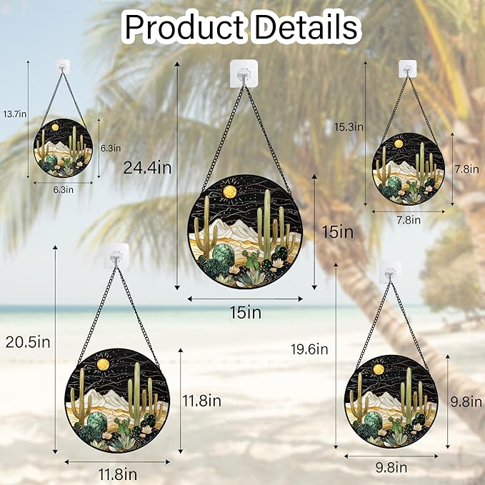 Stained Glass Window Hanging, Black and White Golden Cactus Nature Suncatcher for Doors Window Home Starry Sky Sun Catchers Decor Mother's Day Birthday Gifts for Women, Men Mom 9.8 in