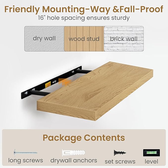 Fun Memories 48 Inch Floating Shelves, 9.3 Inch Deep Wall Shelves for Bathroom, Living Room, Bedroom, Kitchen, Deep Long Shelf Wall Mounted 1 Pack Shelf for Books, Decor, Oak