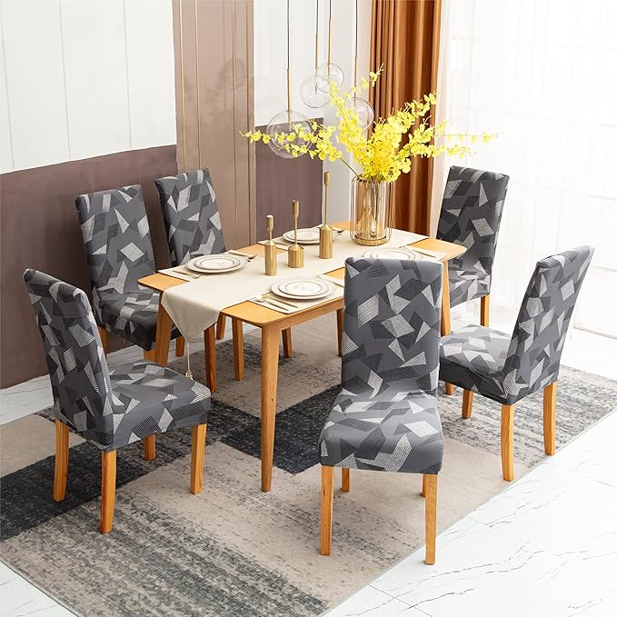 Sufdari Dining Chair Covers,Kitchen Chair Cover,Parsons Chair Slipcover,Spandex Chair Protectors for Dining Room Stretch Chairs Cover Set of 4 -Grey Triangle