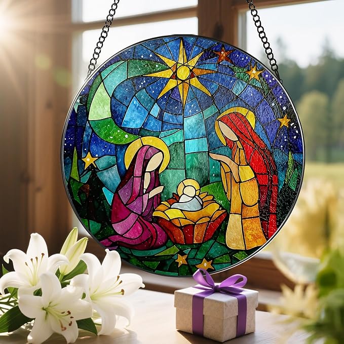 8'' Stained Glass Window Hanging, Nativity Scene Ornament, Religious Ornament, Sun Catcher Window Decor, Christian Holiday Decor, Gifts for Christmas, Christian Gift, Religious Gift