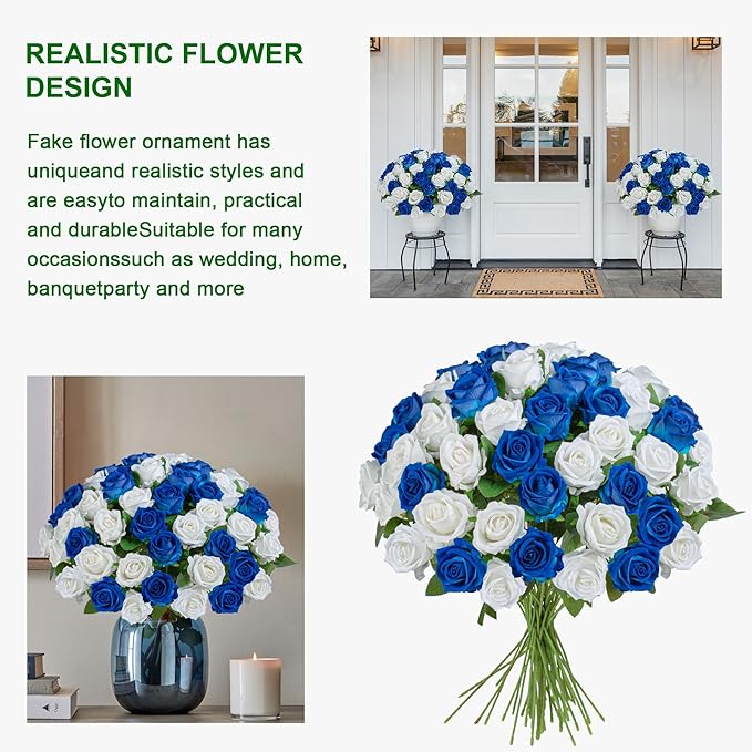 Artificial Flowers Roses Touch Fake Rose Bouquet Flower Stem For Wedding Centerpieces Diy Wreath Home Decorations Silk Roses Mothers Party Fake Outdoor Flowers Decor 19.6"(White & Blue 50PCS)
