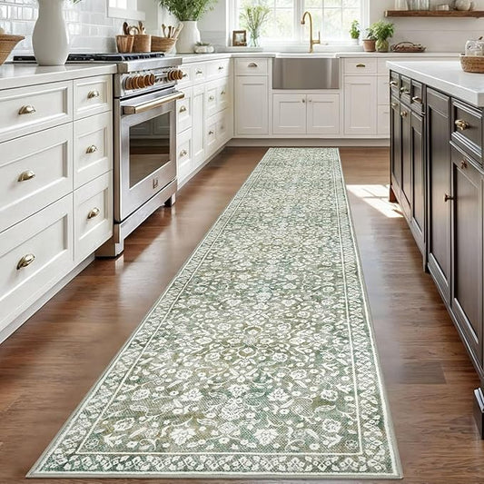 Vintage Runner Rugs for Hallway 2x12, Sage Green Beige Washable Extra Long Hallway Runner Rug Non Slip, Super Soft Kitchen Runner Rug, Print Faux Wool Floral Thin Carpet Hall Runner