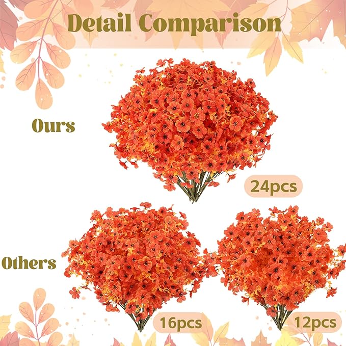 24 Bundles Artificial Fall Flowers Outdoor UV Resistant Fake Mums Bulk Outdoor Faux Mums Plants Plastic Flower Decorations for Home Garden Porch Hanging Planter Vase Autumn Decor Outside, Orange