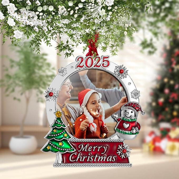 2025 Christmas Tree Ornaments Picture Frame Ornament- Made of Zinc Alloy Glitter Powder Pendant 2.5 Inch Picture Frame for Pet and Baby Holiday Keepsake Gift(Snowman,2025)