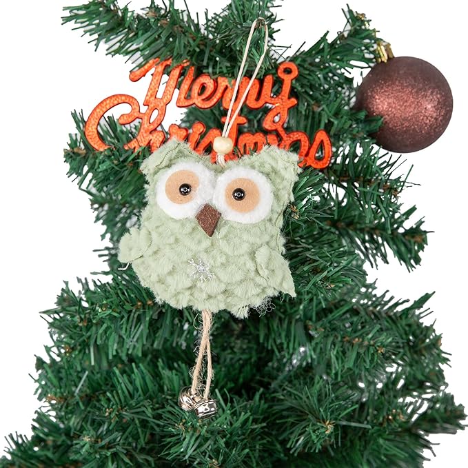 Cartanfill-Christmas Tree Owl Ornaments Set with Gold Star Topper, Plush Decorative Winter Birds, Pink Mint Brown White (D 4PC)