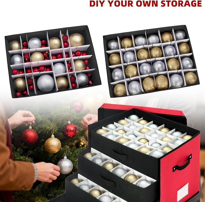 JY COOKMENT Christmas Ornament Storage Box with Adjustable Dividers, Large Holiday Ornaments Storage Container Bin with Lid for Xmas Decorations (72-3" Balls, Red, With Removable Tray)
