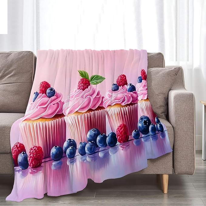 Tijuboni Pink Cupcakes Throw Blanket Dessert Gifts for Girls Women Boys Men Kids Adults Soft Flannel Fleece Blanket for Couch Sofa Bed Home Decor 50"x60"