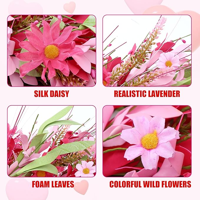 Sggvecsy 21in Valentine's Day Artificial Pink Forsythia Wreath Spring Summer Fake Daisy Wreath Handmade Wreath with Daisies Lavender for Gifts Festival Front Door Window Wall Farmhouse Decor