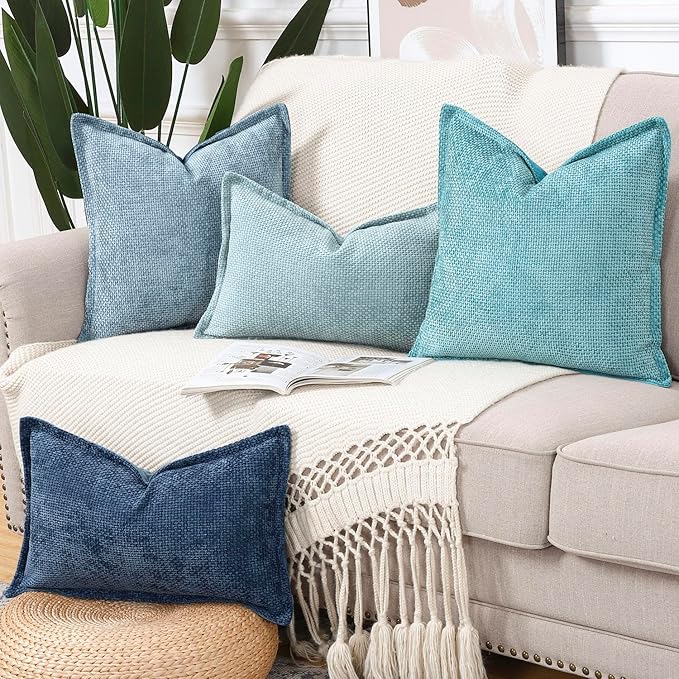 MADIZZ Chenille Velvet Throw Pillow Covers with Flange Set of 2 Super Soft Boho Textured Pillow Covers Decorative Throw Pillowcases Modern Farmhouse Home Decor for Sofa Bedroom Turquoise 24x24 Inch