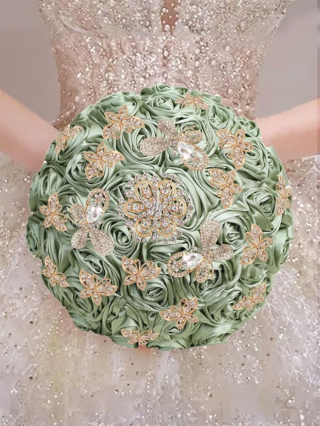 Handmade Floral Satin Rose Butterfly Shape Rhinestone Bridal Bouquet Luxury Golden Rhinestone Artificial Flowers for Wedding