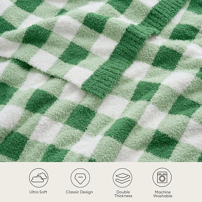 Snuggle Sac Buffalo Plaid Bedding Blanket Twin Size, Super Soft, Cozy Warm Knit Decorative Blankets, Reversible Plaid Fluffy Throws for Bed, Plaid Green, 60x80 Inches