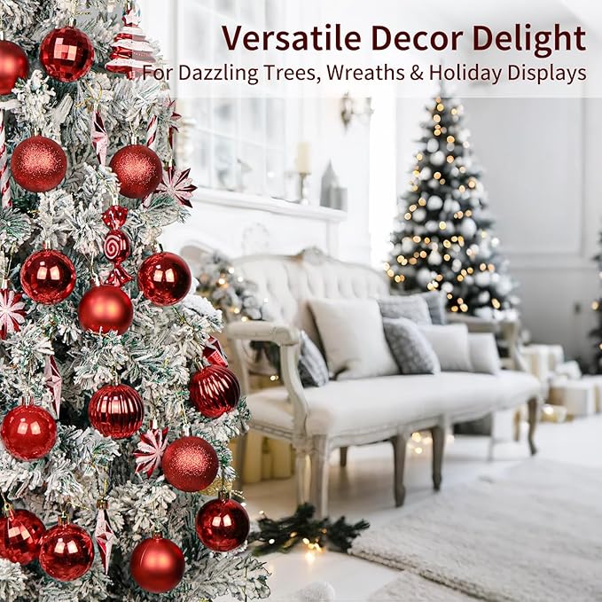 24ct Christmas Balls Ornaments, 2.36 Inch Christmas Tree Balls Ornaments, Decorative Baubles Decorations for Xmas Tree Decor Holiday Party, Red
