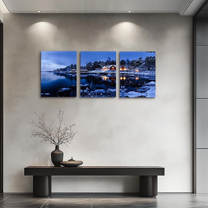 Snow in winter Wall Art for living room Canvas Prints Artwork bathroom Wall Decor Quiet blue lakes and villages painting 3 Pieces Framed bedroom wall decorations Office Home Decor