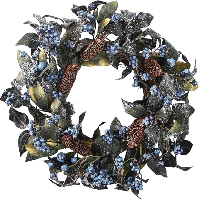 20 Inch Snow Flocked Metallic Look Winter Wreath with Blue Berry & Pinecone- Artificial Christmas Wreaths for Front Door Porch Wall Window Porch Fireplace Outdoor Décor