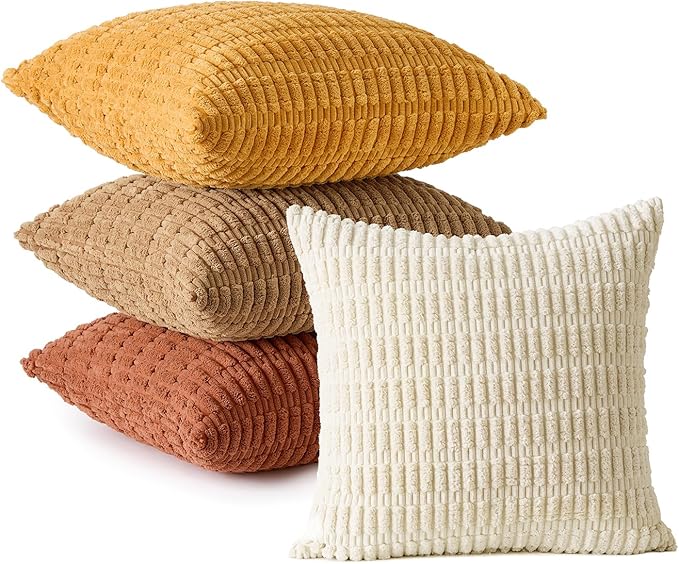 MIULEE Fall Soft Corduroy Throw Pillow Covers Set of 4 Camel 18x18 Inch Modern Farmhouse Boho Decorative Accent Cushion Covers for Couch Sofa Bedroom