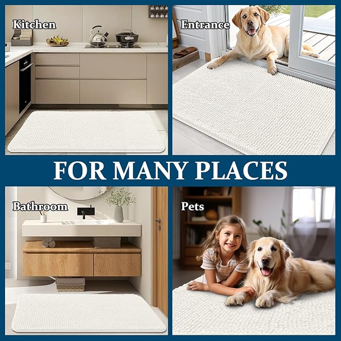 OLANLY Dog Door Mat for Muddy Paws 30x17, Absorbs Moisture and Dirt, Absorbent Non-Slip Washable Doormat, Quick Dry Chenille Mud Mat for Dogs, Entry Indoor Entryway Carpet for Inside Floor, Ivory