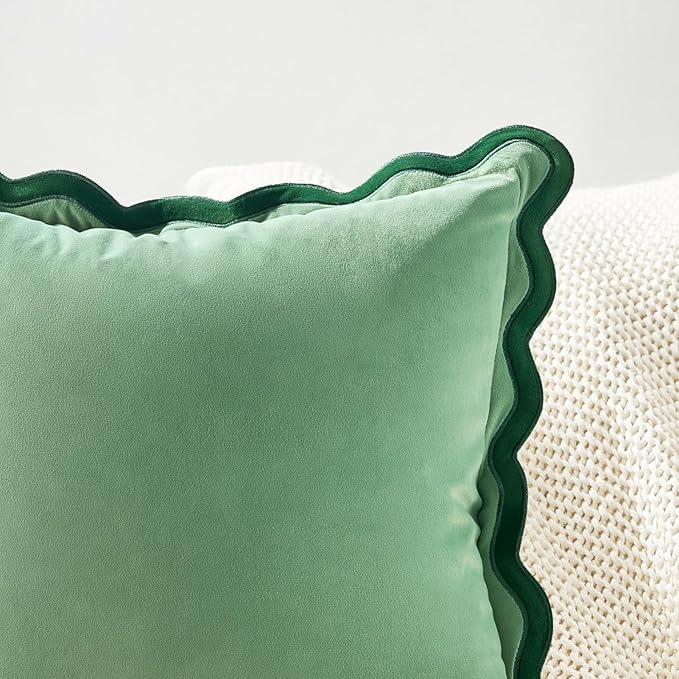 MONDAY MOOSE Decorative Throw Pillow Covers Cushion Cases, Set of 2 Soft Velvet Scalloped Wavy Edge Designs, Mix and Match for Home Decor, Pillow Inserts Not Included (16x16 inch, Green/Light Green)
