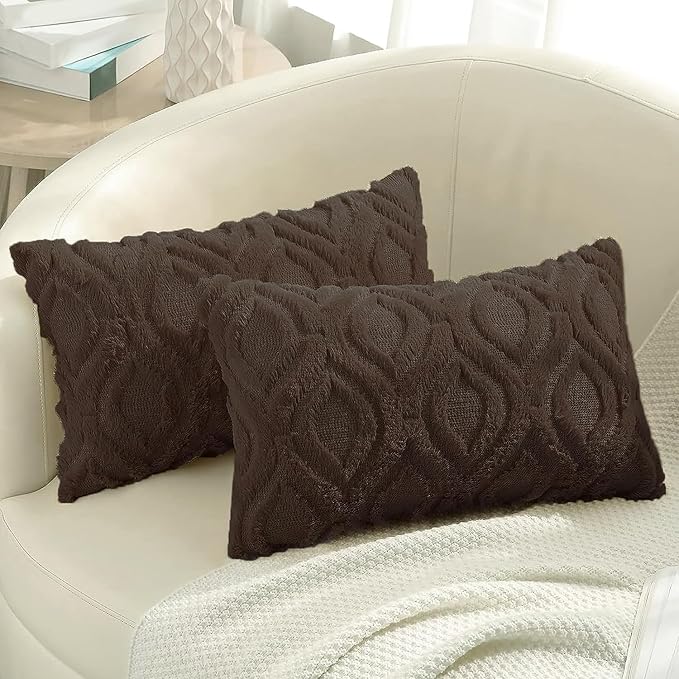 decorUhome Throw Pillow Covers 12x20 Inch Set of 2, Soft Plush Faux Wool Brown Solid Couch Pillow Covers, Accent Farmhouse Neutral Lumbar Pillow Cases for Sofa Bed Living Room