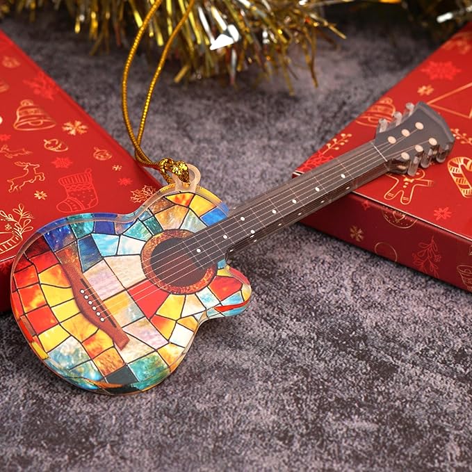 Acrylic Guitar Ornament, Double-Sided Stained Glass Style Music Ornament for Christmas Tree, Gift for Musicians, Guitar Players & Music Lovers, Holiday Decor with Suncatcher Effect