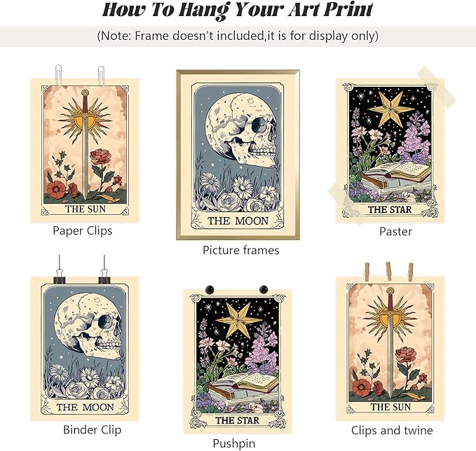 Pouydmi Tarot Card Wall Art Sun Moon Canvas Wall Decor Mystical Astrology Wall Art Boho Celestial Prints Star Skull Poster Tarot Card Picture for Living Room Bedroom 12x16x3 Inch Unframed