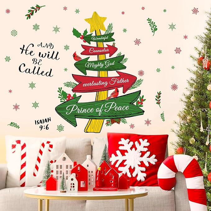 Christmas Wall Stickers Inspirational Xmas Quotes Wall Decals Peel and Stick Jesus Christmas Tree Stickers for Wall Decoration Snowflake Holiday Wall Art Decals for Living Room New Year Party Supplies