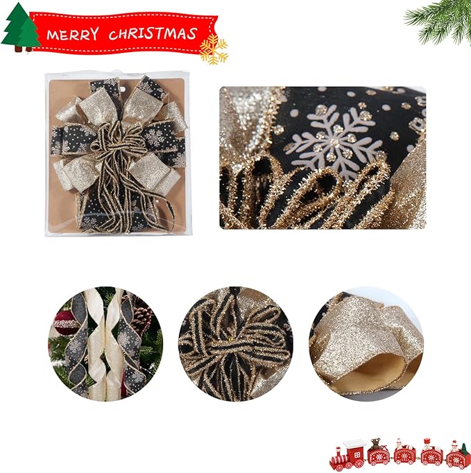 Christmas Tree Topper Bow, 43" Christmas Wreath Bows Black and Gold Ribbon Ornaments with Tassels Snowflakes and Glitter, Home Decor for Holiday Xmas Decoration Home Parties Wedding Gift