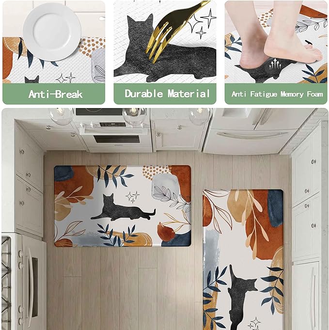 Boho Kitchen Rug Mats for Floor Cushioned Anti Fatigue Kitchen Rugs Sets of 2 Botanical Black Cat Non Slip Waterproof Comfort Memory Foam Standing Floor Mat for Office Laundry Sink Desk