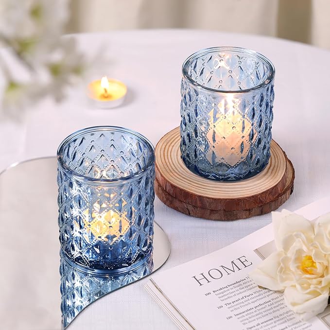 8Pcs Large Votive Candle Holders Blue Tea Light Candle Holders Glass Candle Holder for Wedding, Bridal Shower, Table Centerpiece, Party, Home Decor