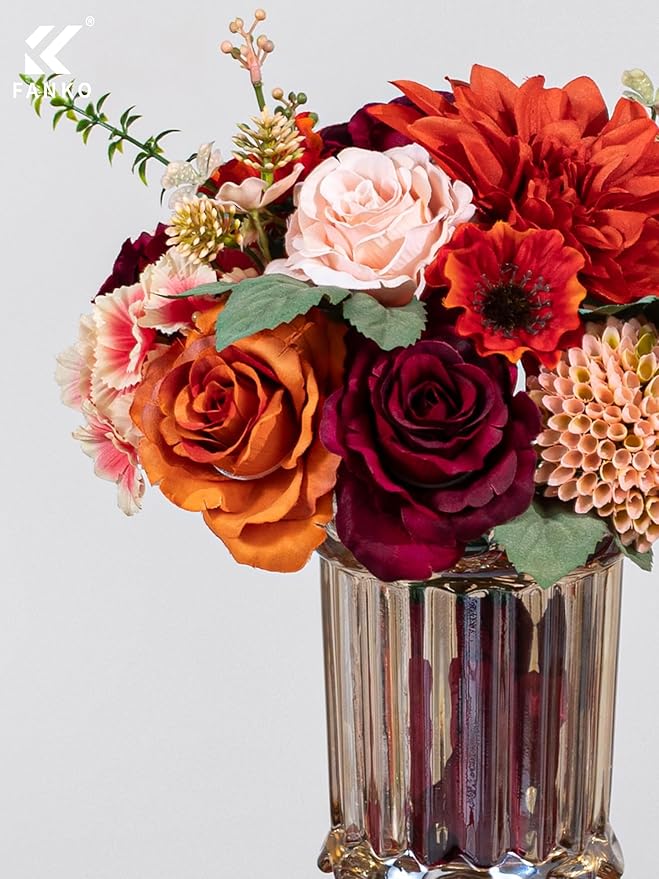 FANKO Artificial Flowers Red Rose, Mixed Fake Silk Flowers Combo Gradient Orange & Champagne Rose Burnt Orange Dahlia Chrysanthemum Vintage for DIY Wedding Bridal Bouquets, Home Decor