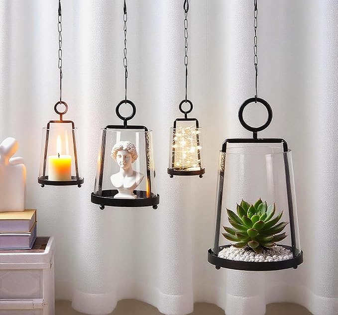 9" Wide Modern Farmhouse Metal Hurricane Candle Holder with Handmade Sturdy Glass Sleeve in Black for Pillar Candle & Plants, Glass Hurricane Lantern, Industrial, Minimalistic