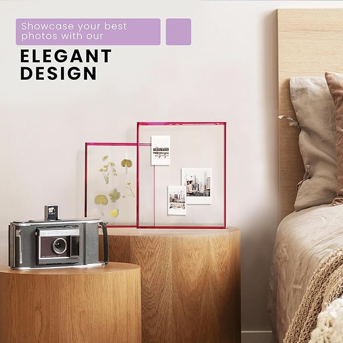 Elil Pink Polaroid Frame for Fujifilm Instax Film - 8.3" x 7.6" Collage Picture Frame for Family and Wedding - Double Glass Acrylic Floating Frame