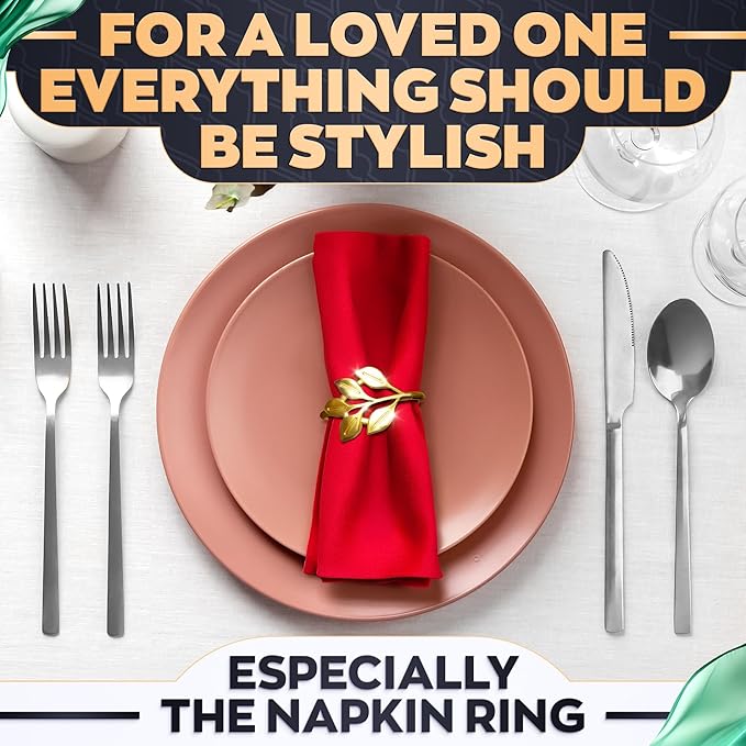 Gold Napkin Rings Set of 20 - Valentine Napkin Rings Fits Various Napkins Styles, Elegant Gold Leaf Design for Dinner Parties, Special Events, Holidays & Valentine Table Decor, as Gifts for Hosts