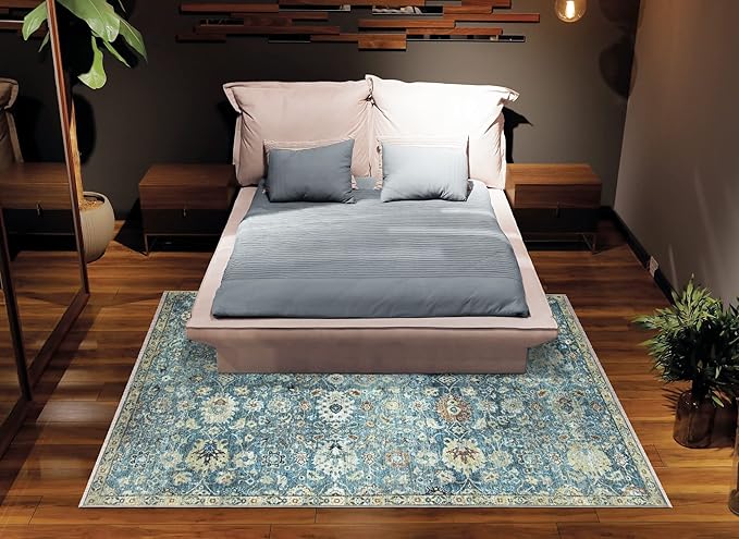 Bloom Rugs Caria Washable Non-Slip 6x9 Rug - Blue/Beige Traditional Area Rug for Living Room, Bedroom, Dining Room, and Kitchen - Exact Size: 6' x 9'