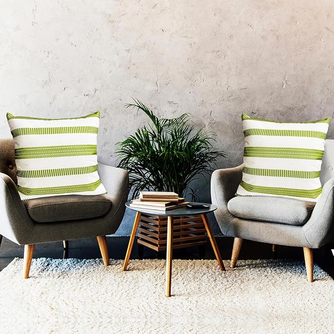 Decorative Throw Pillow Covers Set of 2 Grass Green Boho Striped Pillow Covers 16x16 Inch Throw Pillow Cover Linen Pillowcase Farmhouse Outdoor Pillow Covers for Couch Sofa Living Room