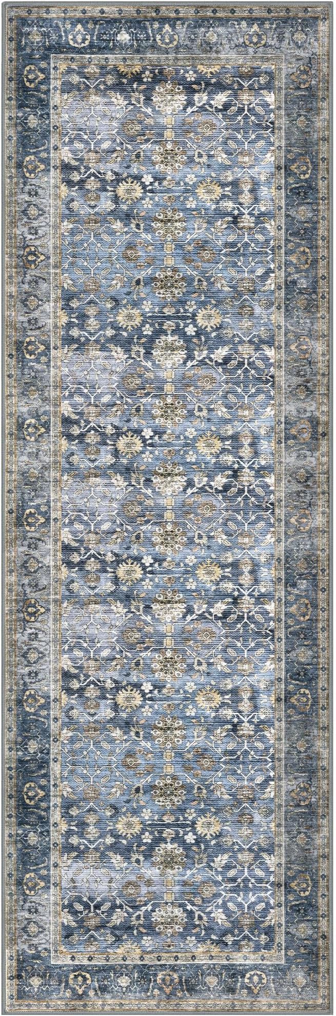 KUTA Vintage Wide Runners for Hallways 3x8 ft Blue Grey Beige Washable Kitchen Runner Non Slip Rubber Backed Hall Runners Entryway Runner Rugs Floor Carpet for Indoor Backdoor Bedroom Kitchen