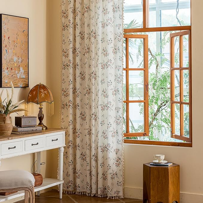 OYX Pink Boho Floral Window Curtains 96 Inch Long 2 Panels, French Vintage Farmhouse Vintage Country Rustic Tassels Printed Drapes for Living Room Bedroom, Rod Pocket Light Filtering Decor Aesthetic