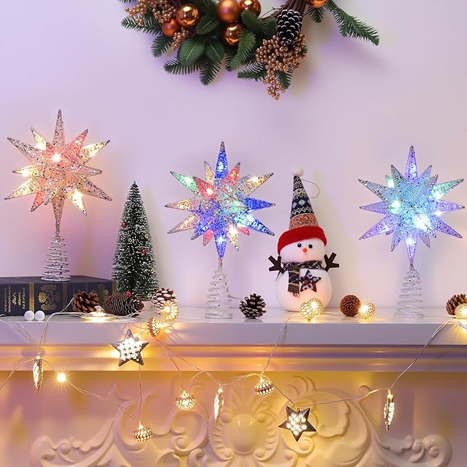 Lewondr Christmas Tree Topper, Plug in 3D Starburst Xmas Lighted Star Tree Topper, Remote Control & Timer Light Up Vintage Moravian Tree Topper for Christmas Decoraiton, Colorful Light, Silver White