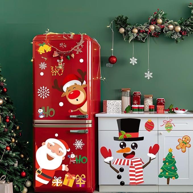 YQUQWN Large 80PCS Christmas Door Decorations Removable Wall Decals with Snowman Santa Reindeer Merry Christmas Wall Stickers for Front Door Decor Decorations Holiday Party Supplies