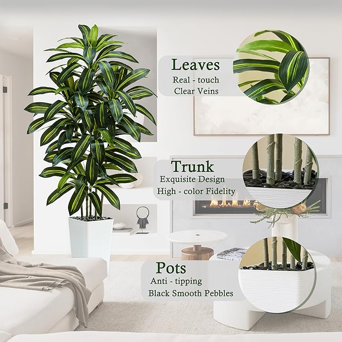 Artificial Dracaena Tree:5FT Faux Silk Tropical Yucca Floor Trees Realistic Fake Green Plant with Natural Wood Trunk & Lifelike Leaves for Home Office Decor Indoor & Outdoor (5FT,1-Pack,White)