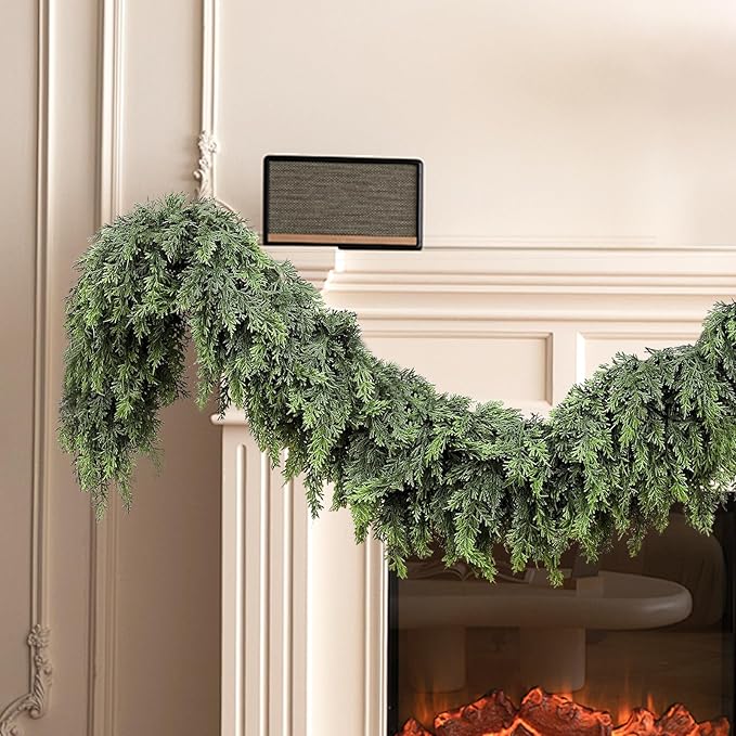 6FT Real Touch Cedar Garland for Fireplace - Artificial Christmas Garlands Realistic Faux Greenery Fake Pine Needles Garland for Holiday,Table, Window,Mantel,Stairs, Home,Indoor Outdoor Decor (1PCS)