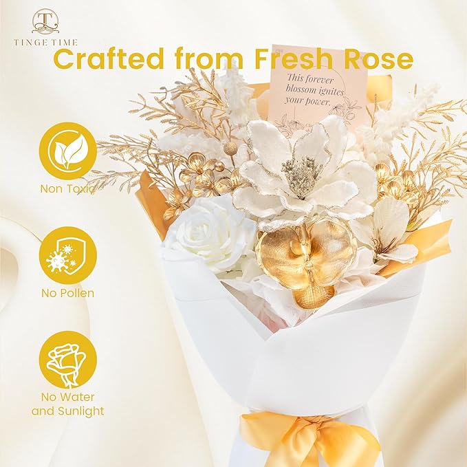 TINGE TIME Preserved Flowers Bouquet, Christmas Faux Rose Bouquets Platinum, Artificial Flowers Poinsettia Faux Flowers, for Christmas Centerpiece Table Home Holiday Party(White & Gold)