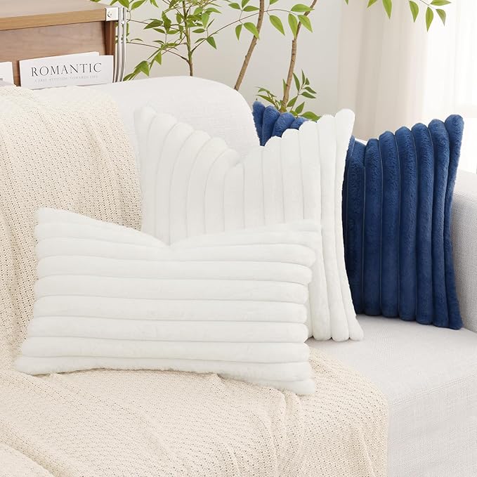 decorUhome Faux Fur Christmas Throw Pillow Covers 12x20 Set of 2, Decorative Soft Plush Striped Lumbar Neutral Couch Euro Pillow Covers with Velvet Back for Sofa, Bed, Living Room Home Decor, White