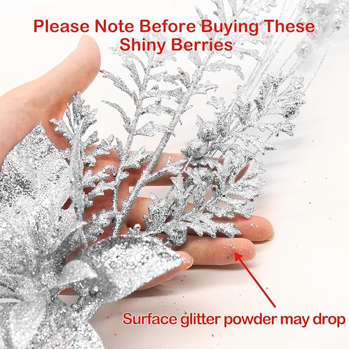 18 Pack Christmas Tree Ornaments Set, 17.5 Inch Silver Fake Christmas Picks Decorations with 2 Styles, Artificial Glitter Berry Stem Ornaments for Christmas Tree Wedding Small Vase Wreath Decor