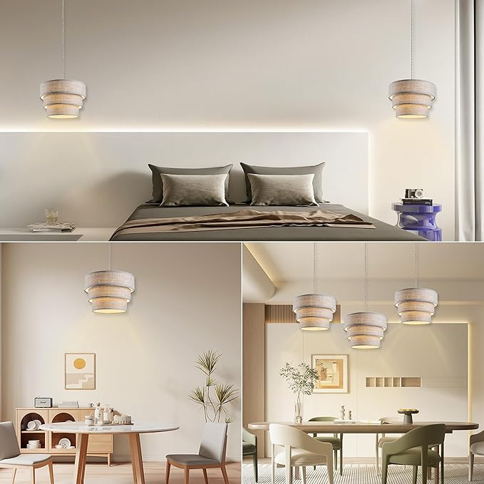 Plug in Pendant Light, Hanging Lamp with Dimmable Switch, Hanging Light Fixtures with 15 Ft Cord, Swag Light with Grey Fabric Shade for Bedroom, Kitchen, Living Room, Dining Table